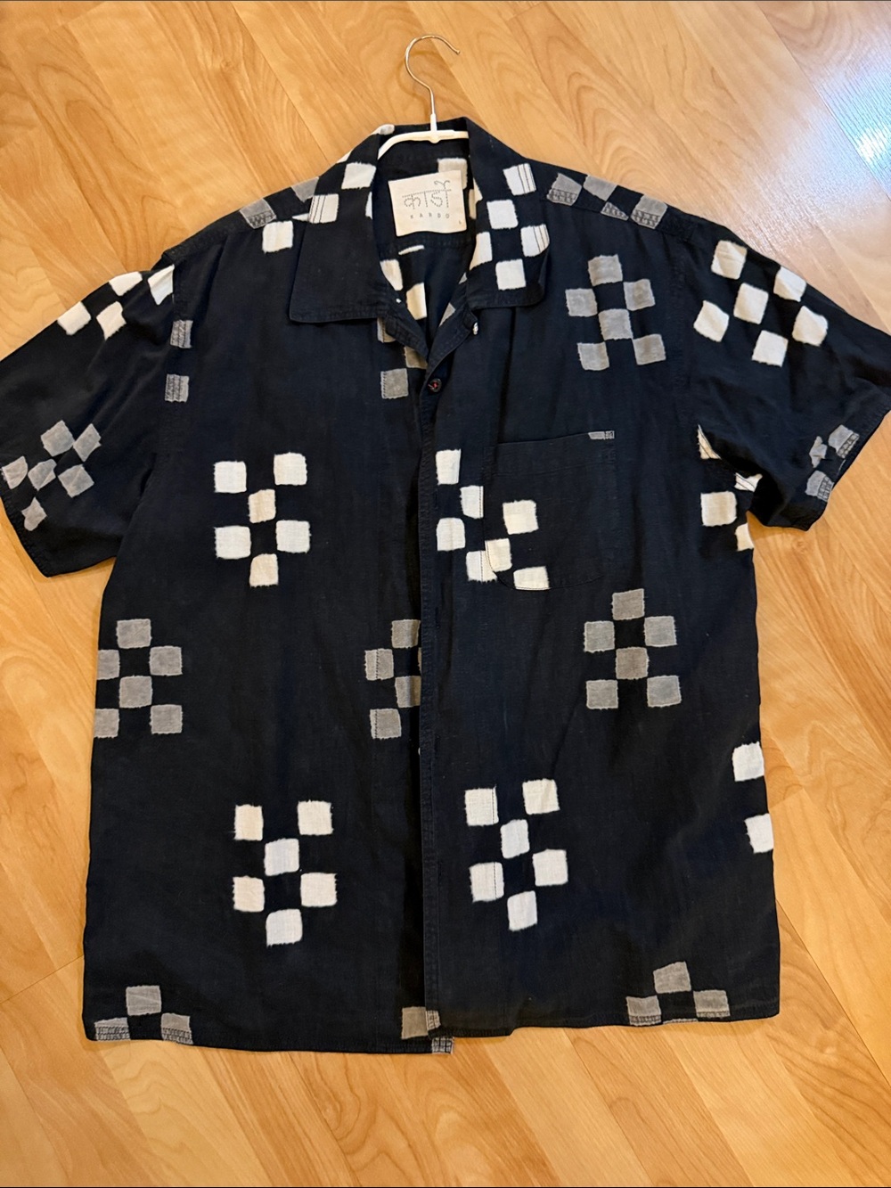 Kardo Black Button-Down Short Sleeve Shirt with Cube Block Print